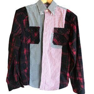 Upcycled Mixed Print Oversized Shirt, Red Black Gingham, Plaid Flannel Size S-M